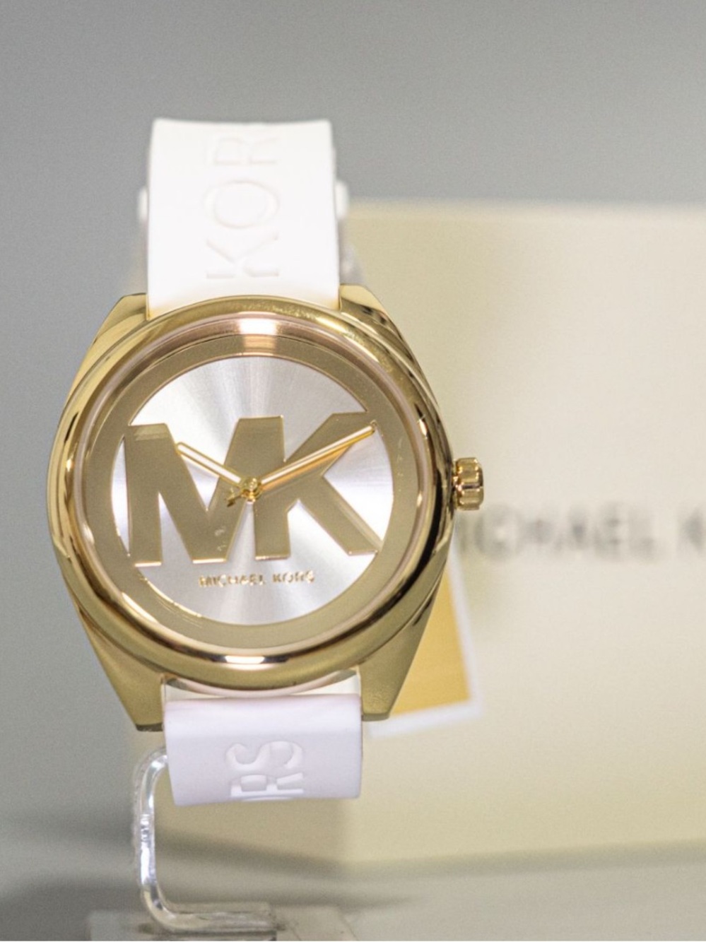 Michael Kors Gold Tone MK Logo Watch with White Strap